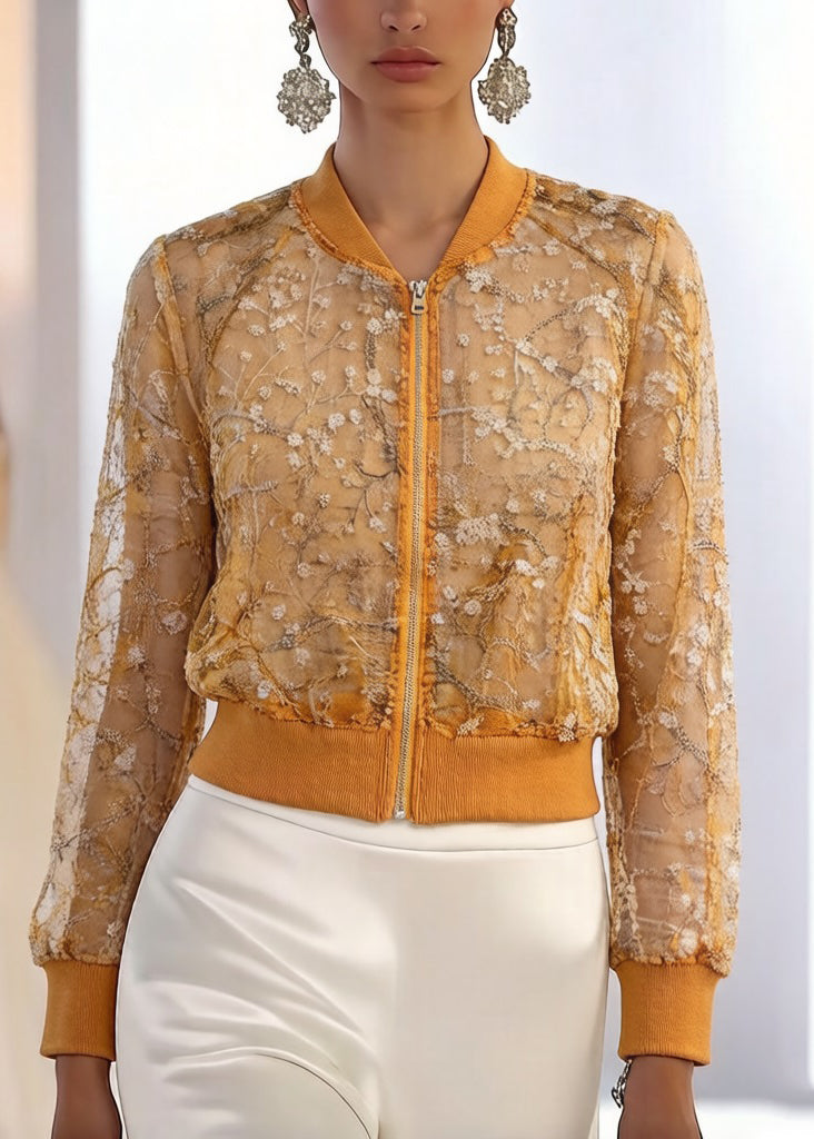 New Yellow Embroideried Zippered Patchwork Silk Thin Coats Long Sleeve
