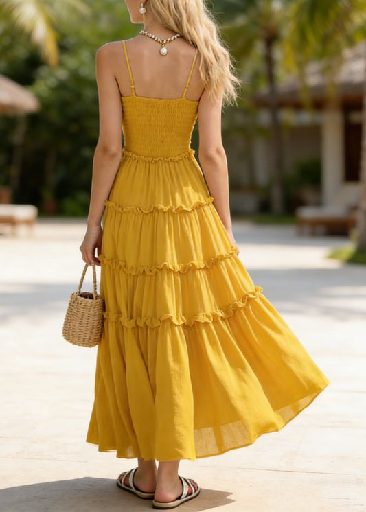 New Yellow Ruffled Patchwork Chiffon Spaghetti Strap Dress Summer