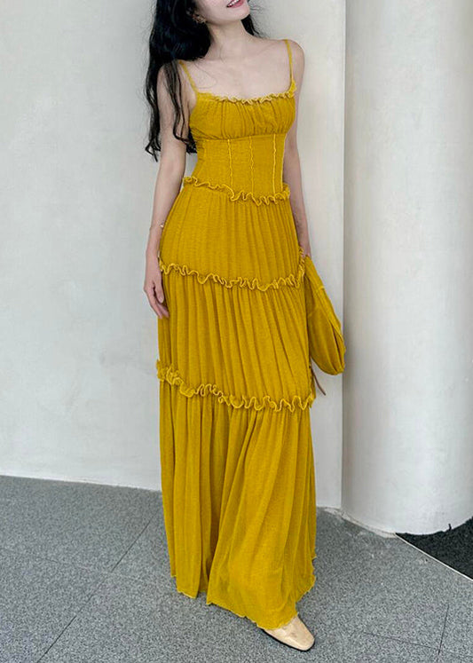 New Yellow Ruffled Solid Cotton Spaghetti Strap Dress Sleeveless