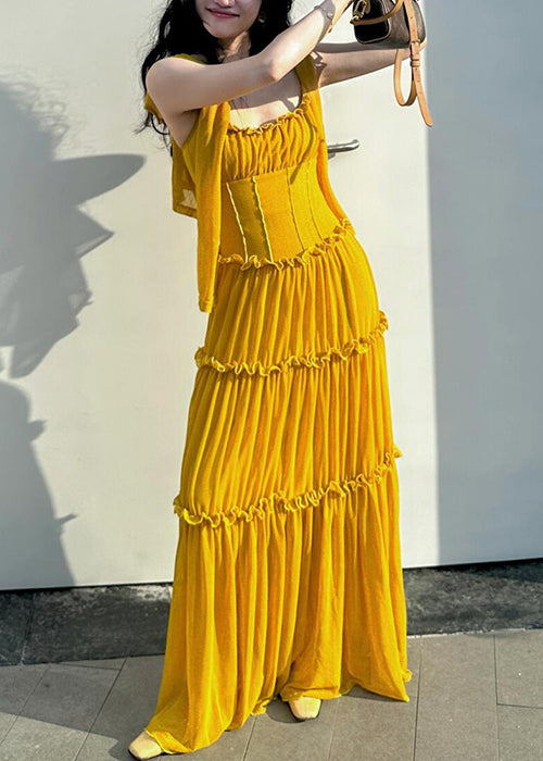 New Yellow Ruffled Solid Cotton Spaghetti Strap Dress Sleeveless