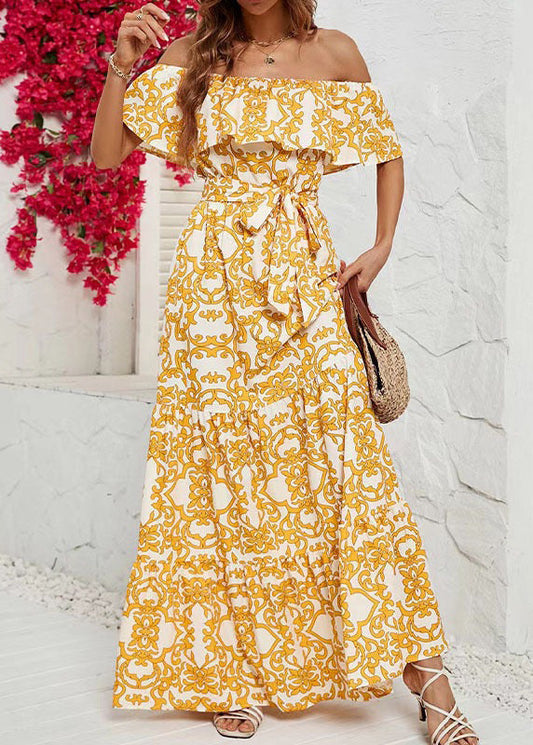 New Yellow Slash Neck Print Tie Waist Cotton Long Dress Summer