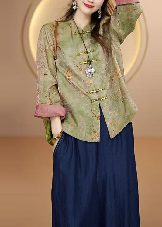 New Yellow Stand Collar Print Chinese Button Silk Cardigan Fall