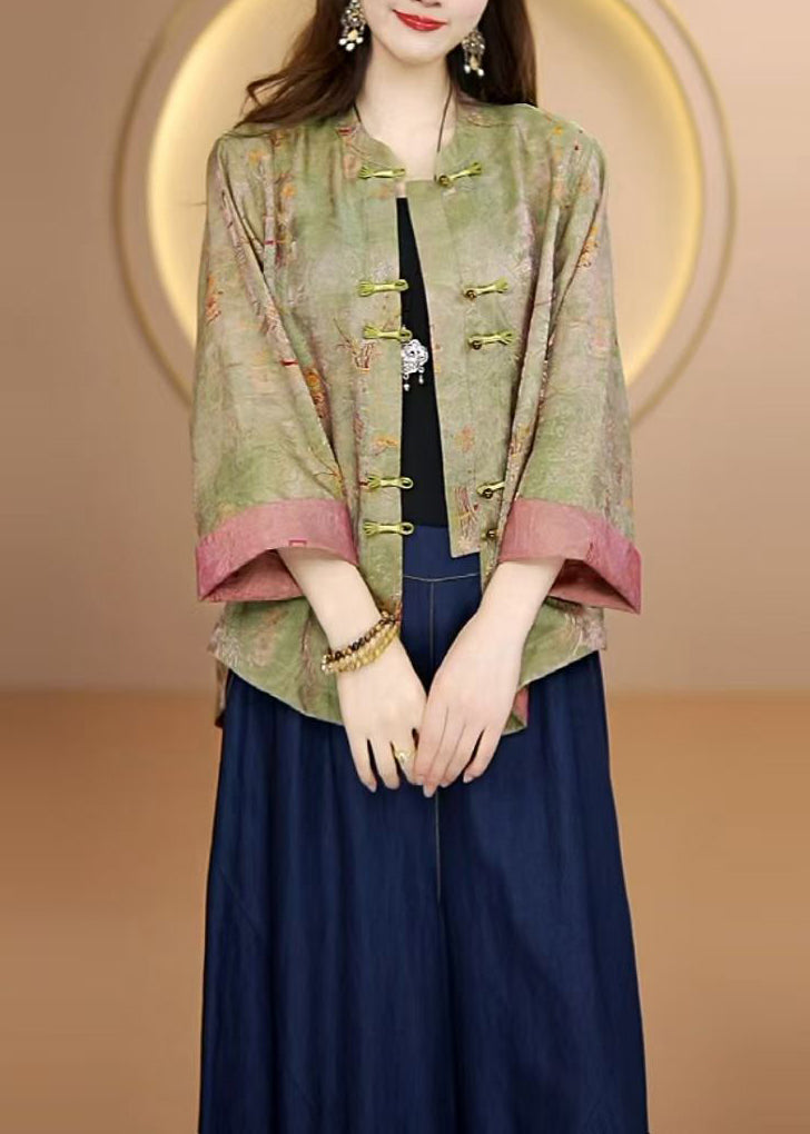 New Yellow Stand Collar Print Chinese Button Silk Cardigan Fall