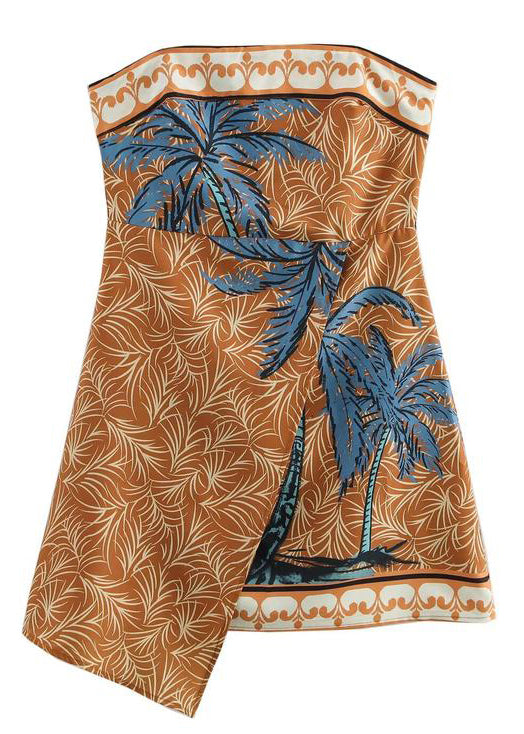 New Yellow Strapless Print Cotton Mini Dresses Sleeveless