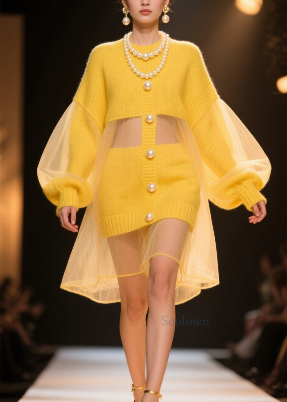 New Yellow Tulle Patchwork Knit Sweater Dress Lantern Sleeve
