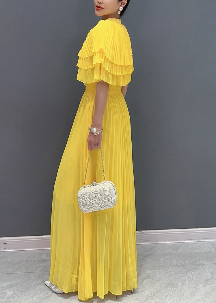 New Yellow Wrinkled Lace Up Chiffon Cape Dresses Summer