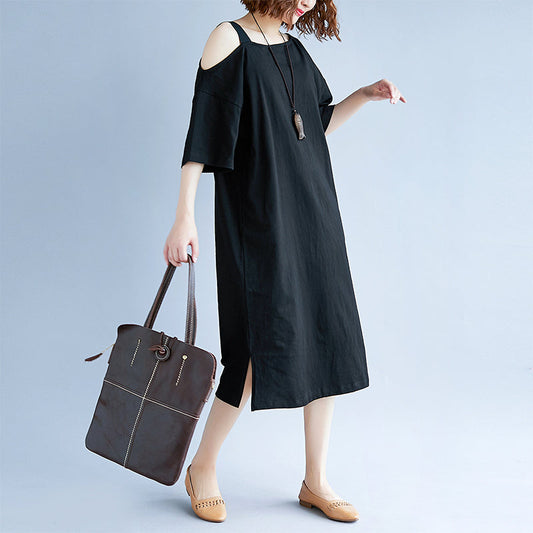 New black cotton dress plus size traveling dress boutique short sleeve baggy dresses o neck cotton clothing