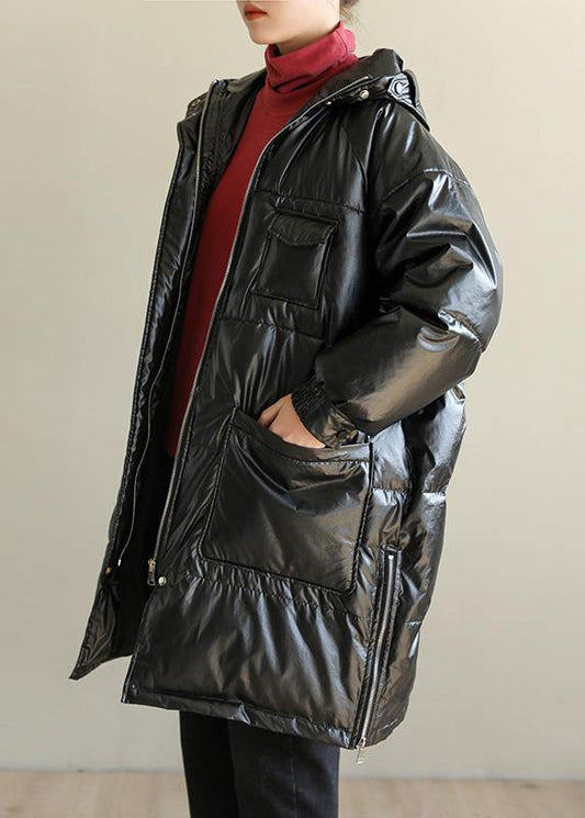 New black overcoat oversize snow jackets hooded zippered coats - SooLinen