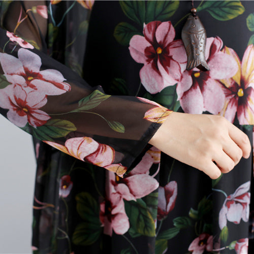 New black prints chiffon dresses plus size casual dress long sleeve two pieces dress