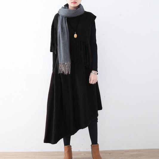 New black wool dress casual tassel winter dress Elegant asymmetric hem winter dress