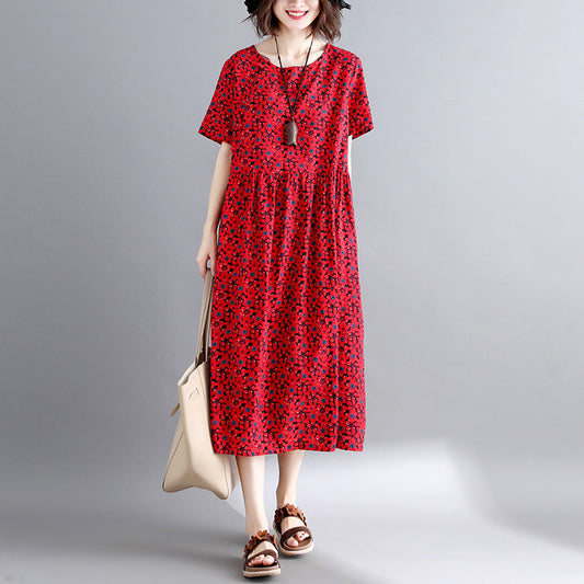 New burgundy print cotton linen dresses casual short sleeve maxi dress vintage o neck caftans