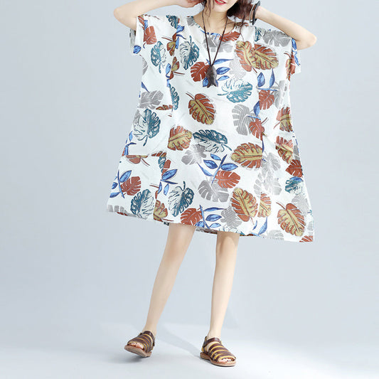 New floral Midi-length linen dress oversized linen cotton dress fine short sleeve o neck linen clothing dresses