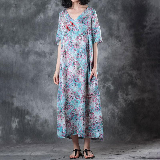 New linen summer dress Loose fitting Retro V Neck Short Sleeve Printed Ramie Dress