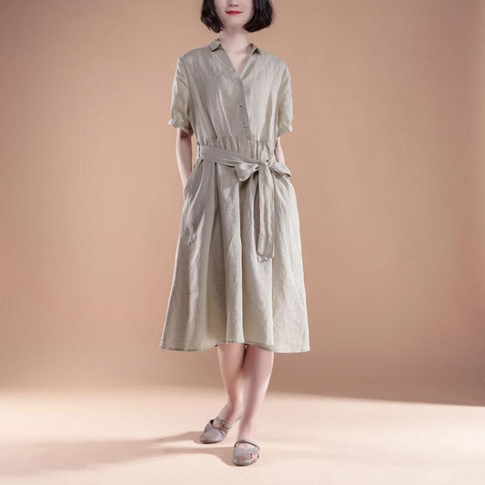 New summer dresses Loose fitting Short Sleeve Pleated Belt Summer Casual Beige Dress