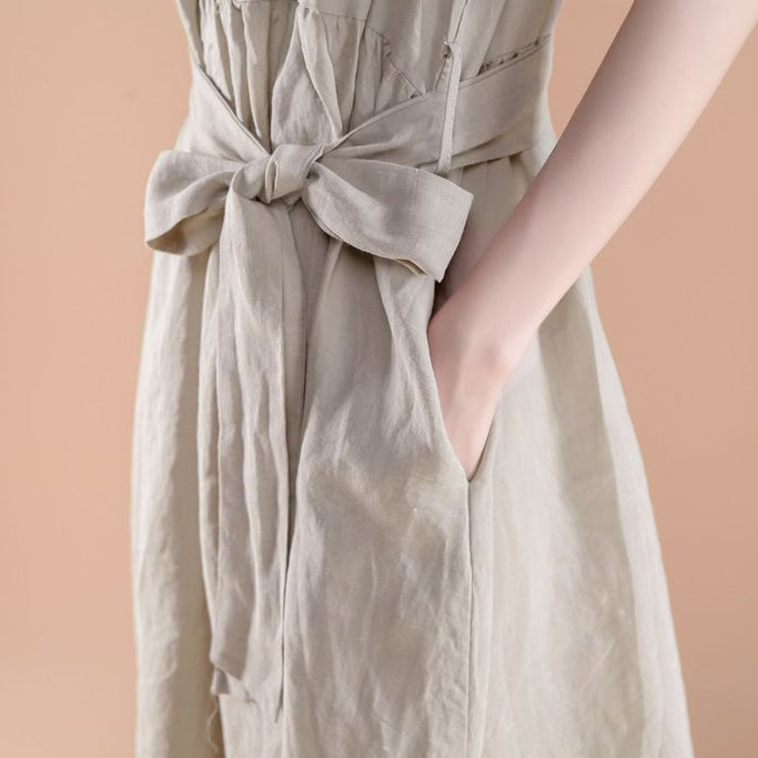 New summer dresses Loose fitting Short Sleeve Pleated Belt Summer Casual Beige Dress