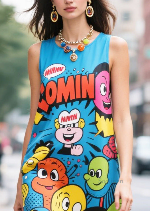 Novelty Blue Character Print Chiffon Straight Dresses Sleeveless