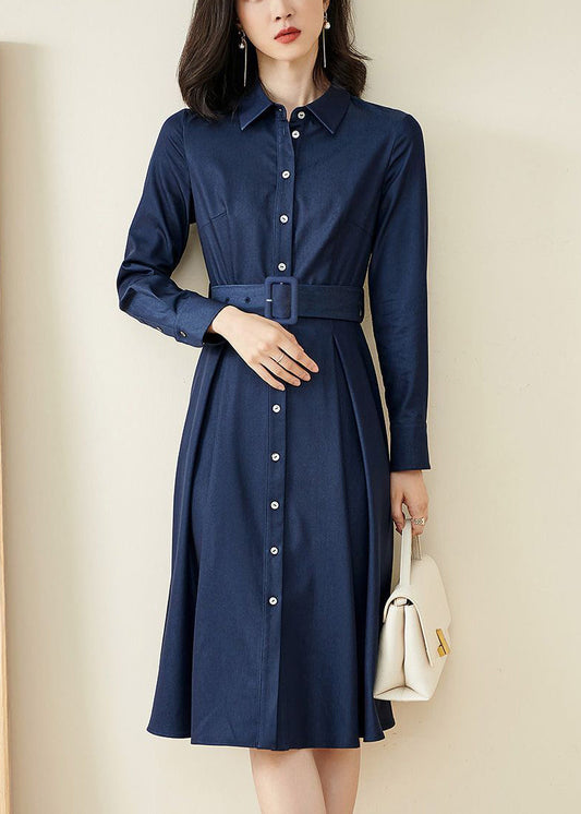 Novelty Blue Peter Pan Collar Button Sashes Maxi Dress Lantern Sleeve