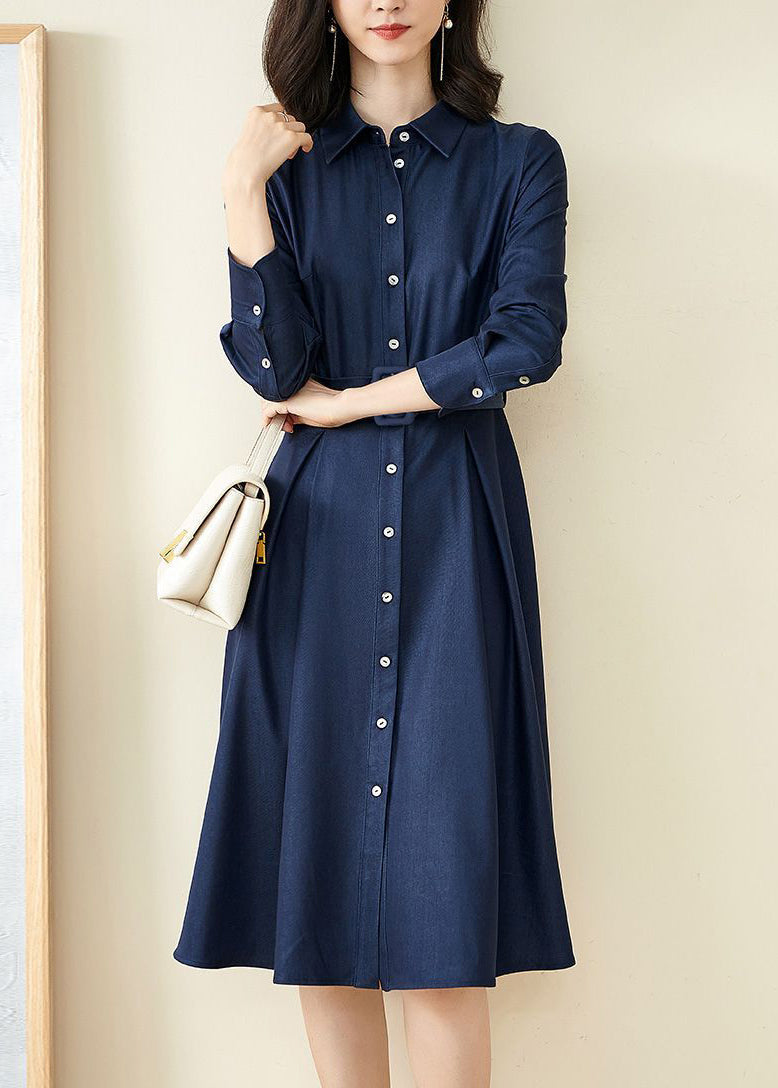 Novelty Blue Peter Pan Collar Button Sashes Maxi Dress Lantern Sleeve