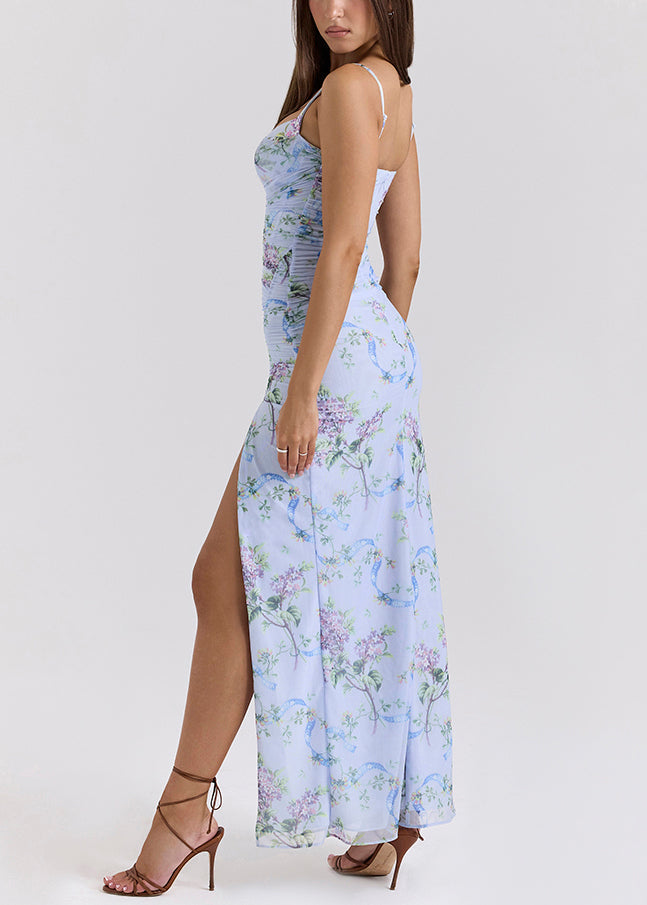 Novelty Blue Print Side Open Tulle Spaghetti Strap Dress Sleeveless