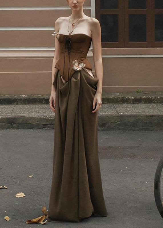 Novelty Brown Patchwork Cold Shoulder Vacation Maxi Dresses Summer