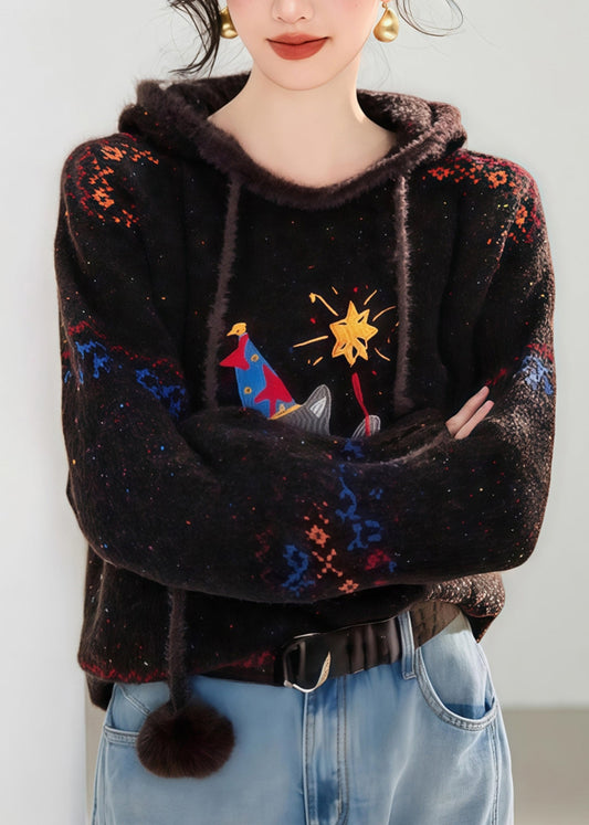 Novelty Coffee Tie Lace Print Thick Cotton Knit Hooded Sweater Spring