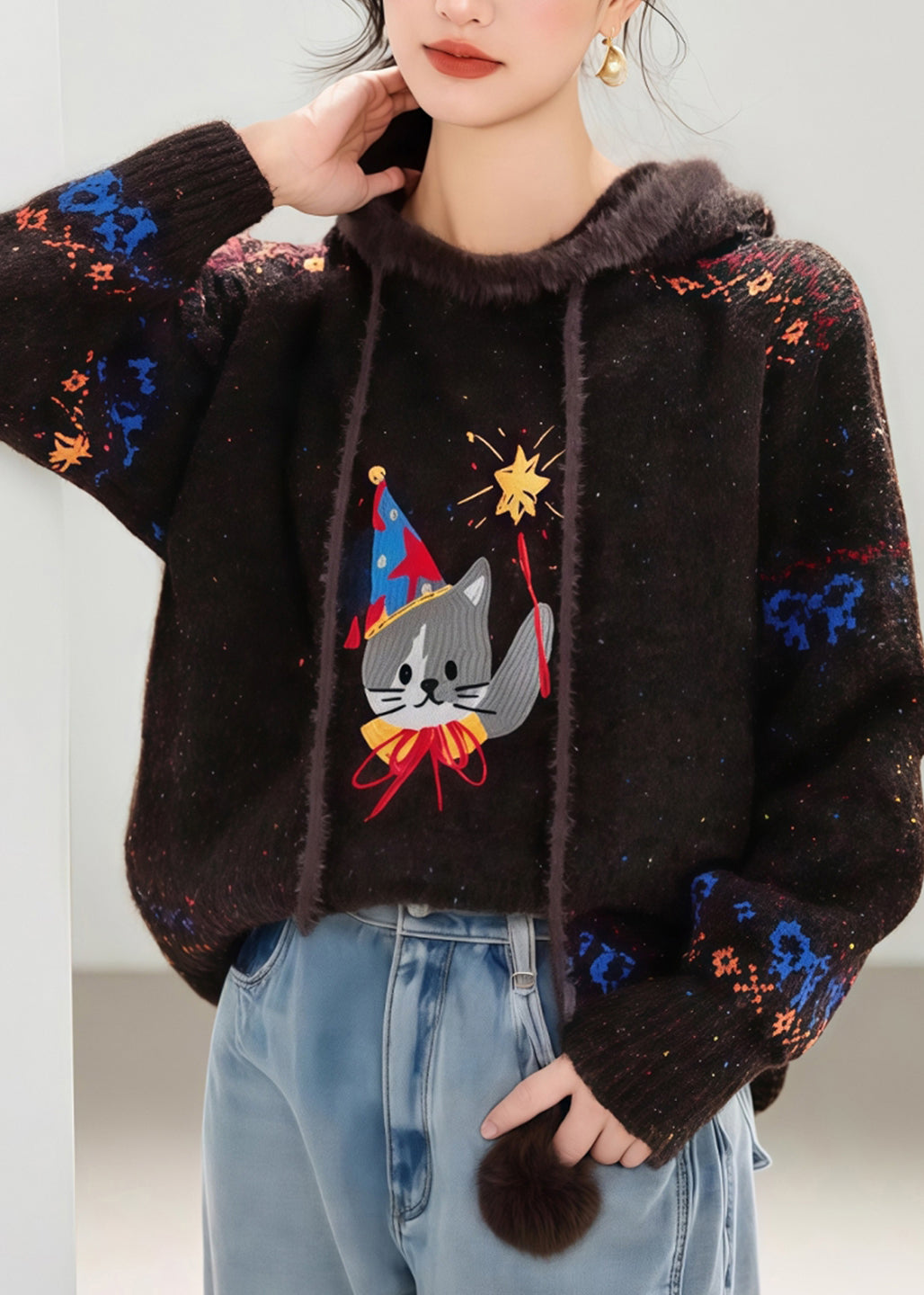 Novelty Coffee Tie Lace Print Thick Cotton Knit Hooded Sweater Spring