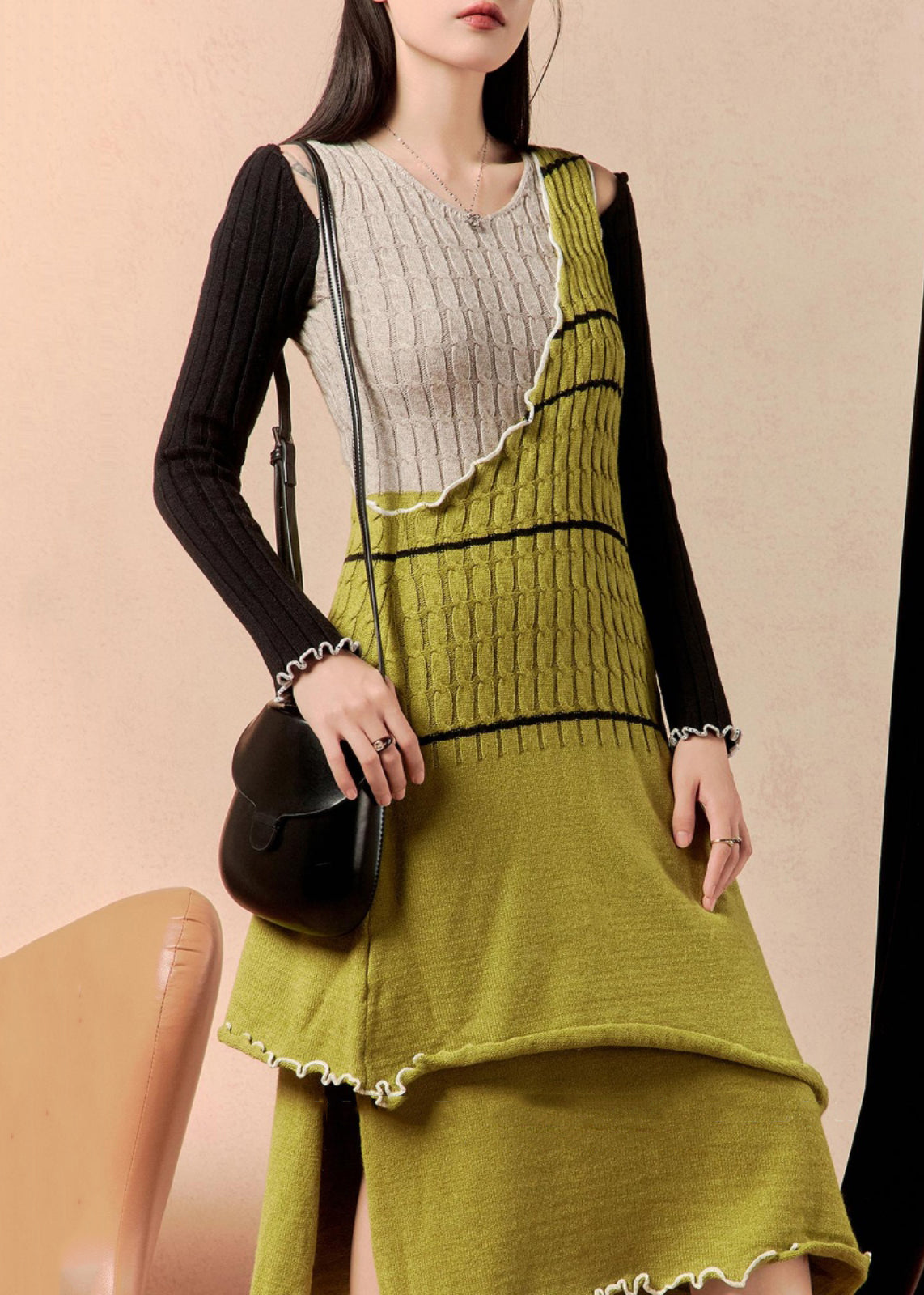 Novelty Green Asymmetrical Side Open Patchwork Knit Knitted Dress Winter