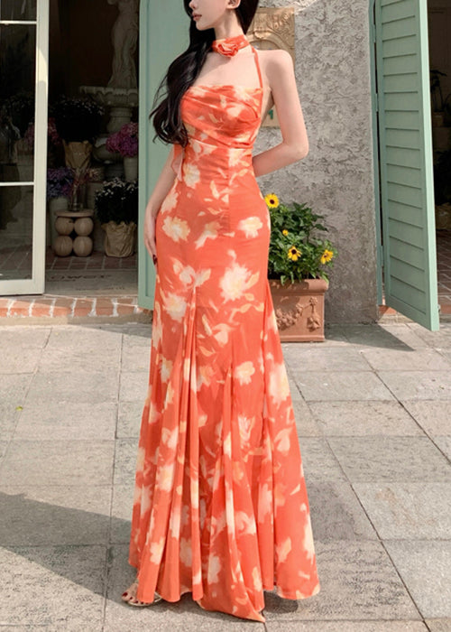 Novelty Orange Print Lace Up Chiffon Long Dresses Sleeveless