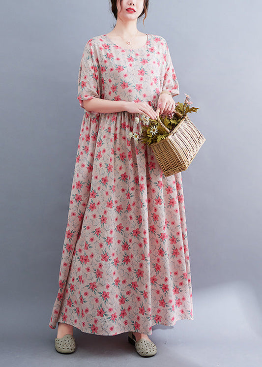 Novelty Pink O-Neck Patchwork Print Cotton Maxi Dresses Summer