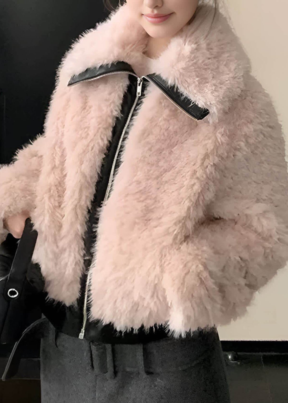 Novelty Pink Peter Pan Collar Patchwork Fuzzy Fur Coat Outwear Lantern Sleeve