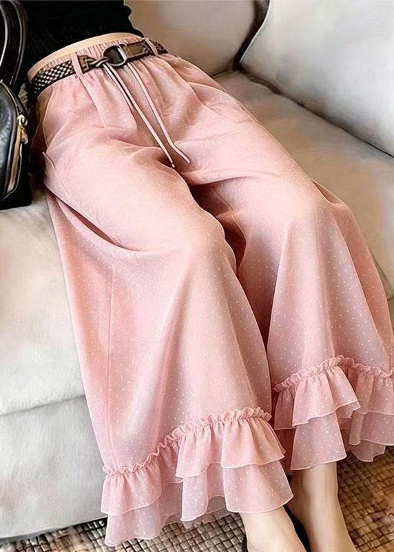 Novelty Pink Ruffled Print Chiffon Crop Pants Summer