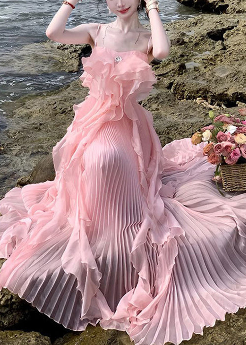 Novelty Pink Ruffled Solid Chiffon Spaghetti Strap Dress Sleeveless