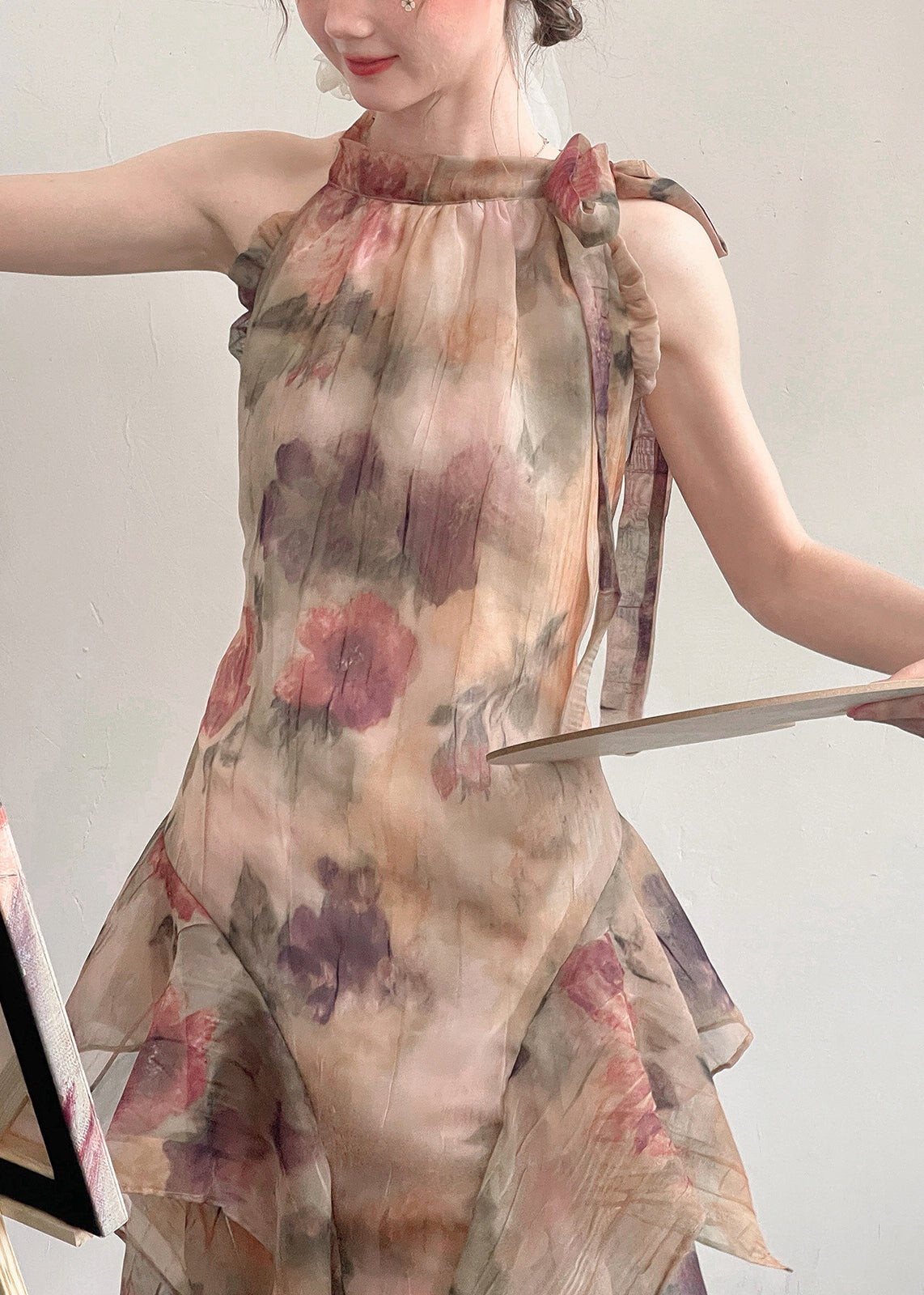 Novelty Print Ruffled Lace Up Cotton Long Dresses Sleeveless