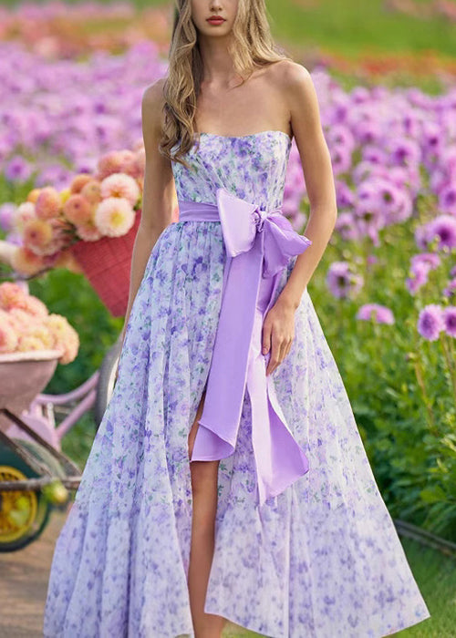 Novelty Purple Print Bow Side Open Maxi Dress Sleeveless