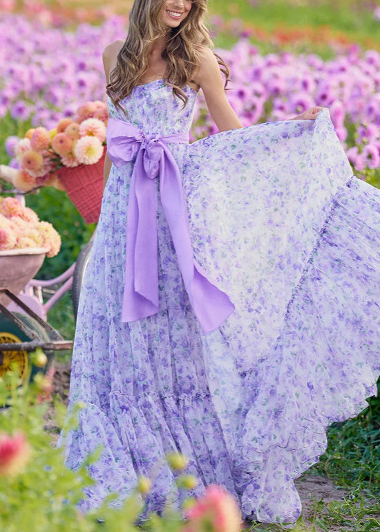 Novelty Purple Print Bow Side Open Maxi Dress Sleeveless