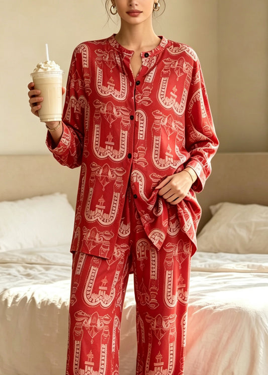 Novelty Red O-Neck Print Pajamas Two Pieces Set Fall
