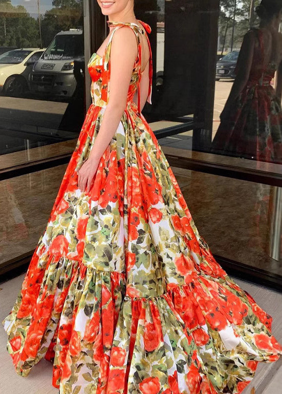 Novelty Red Print Bow Cotton Spaghetti Strap Dress Sleeveless