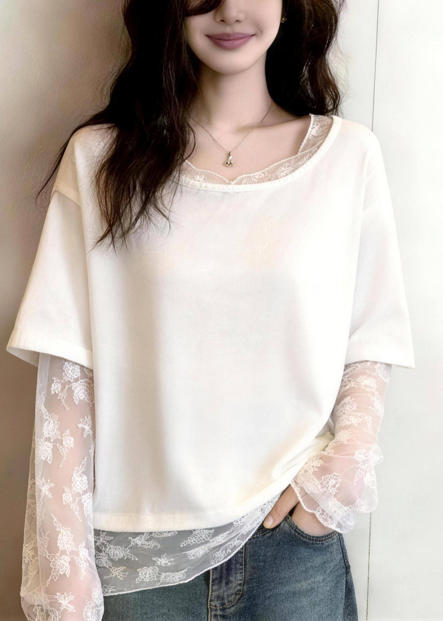 Novelty White Lace Patchwork Fake Two-Piece Tulle T Shirt Long Sleeve