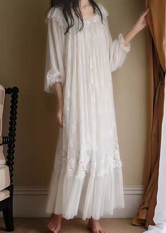 Novelty White Ruffled Lace Solid Tulle Pajamas Long Dress Spring