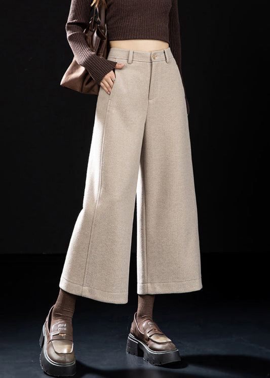 Oatmeal Pockets Woolen Wide Leg Pants High Waist