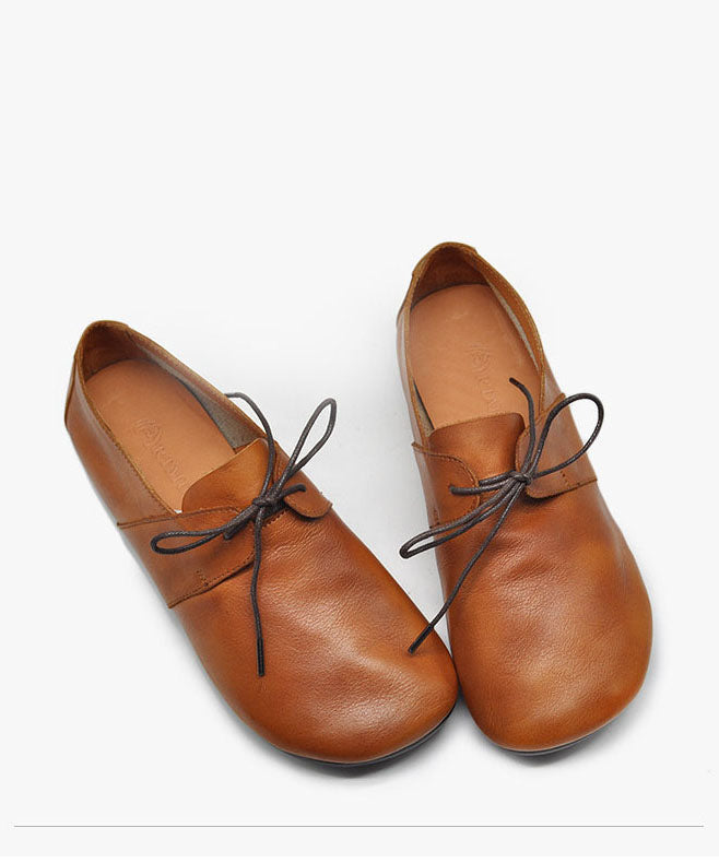 Orange Cowhide Leather Flat Shoes Lace Up Flat Shoes
