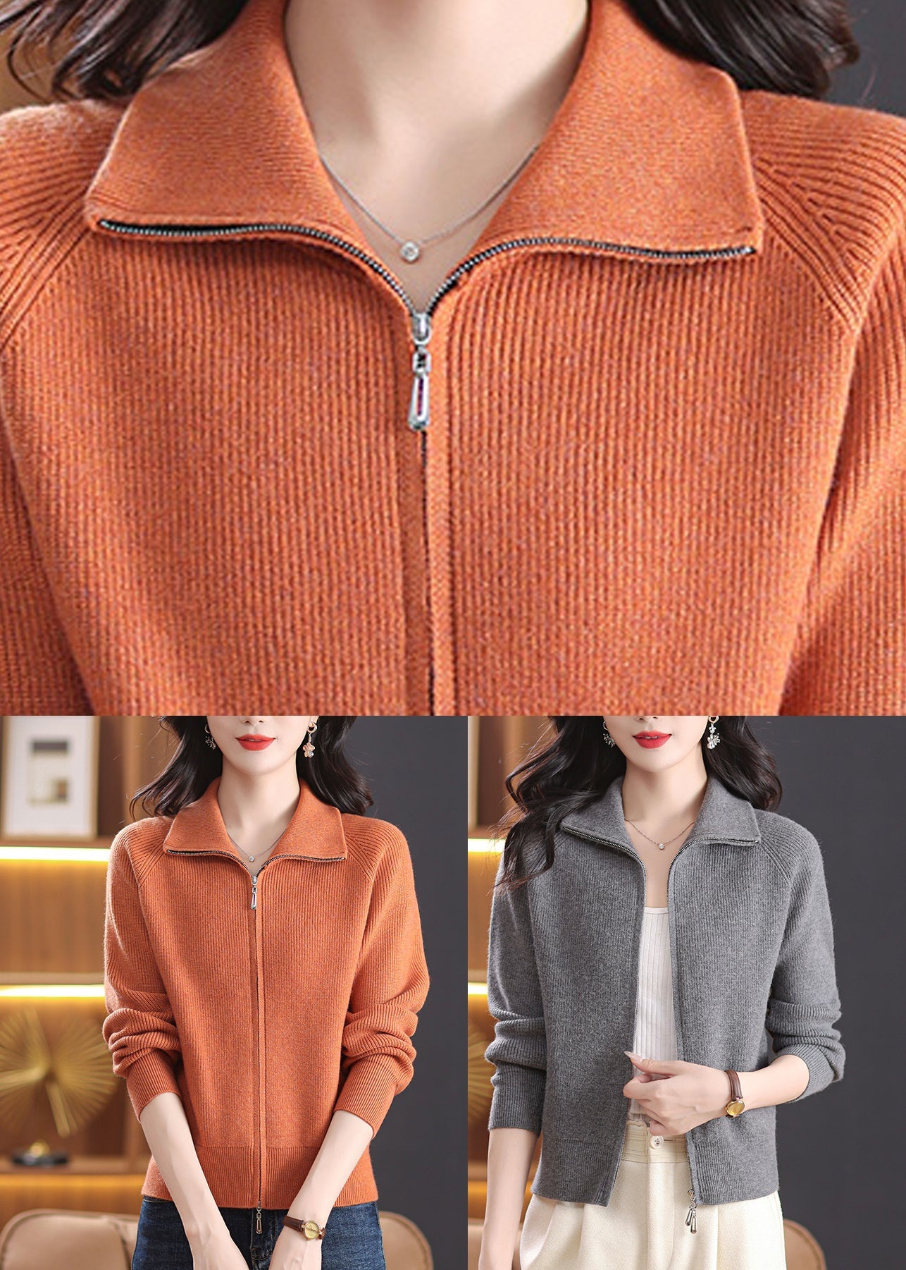Orange Knit Cardigans Peter Pan Collar Fall
