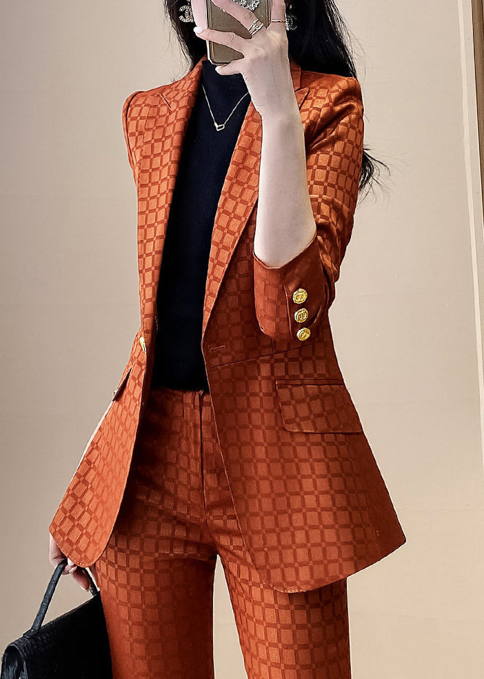 Orange Notched Patchwork Blazer And Straight Pants Two Piece Set Fall