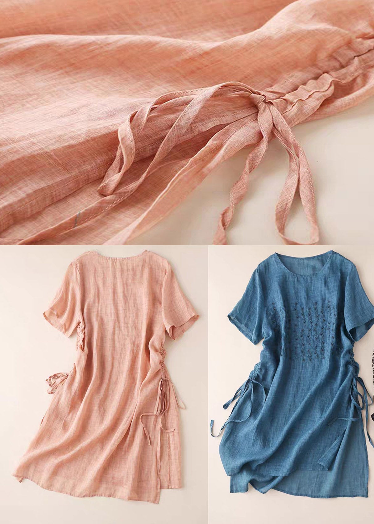 Pink Summer Cotton Dress Side Open Drawstring Short Sleeve
