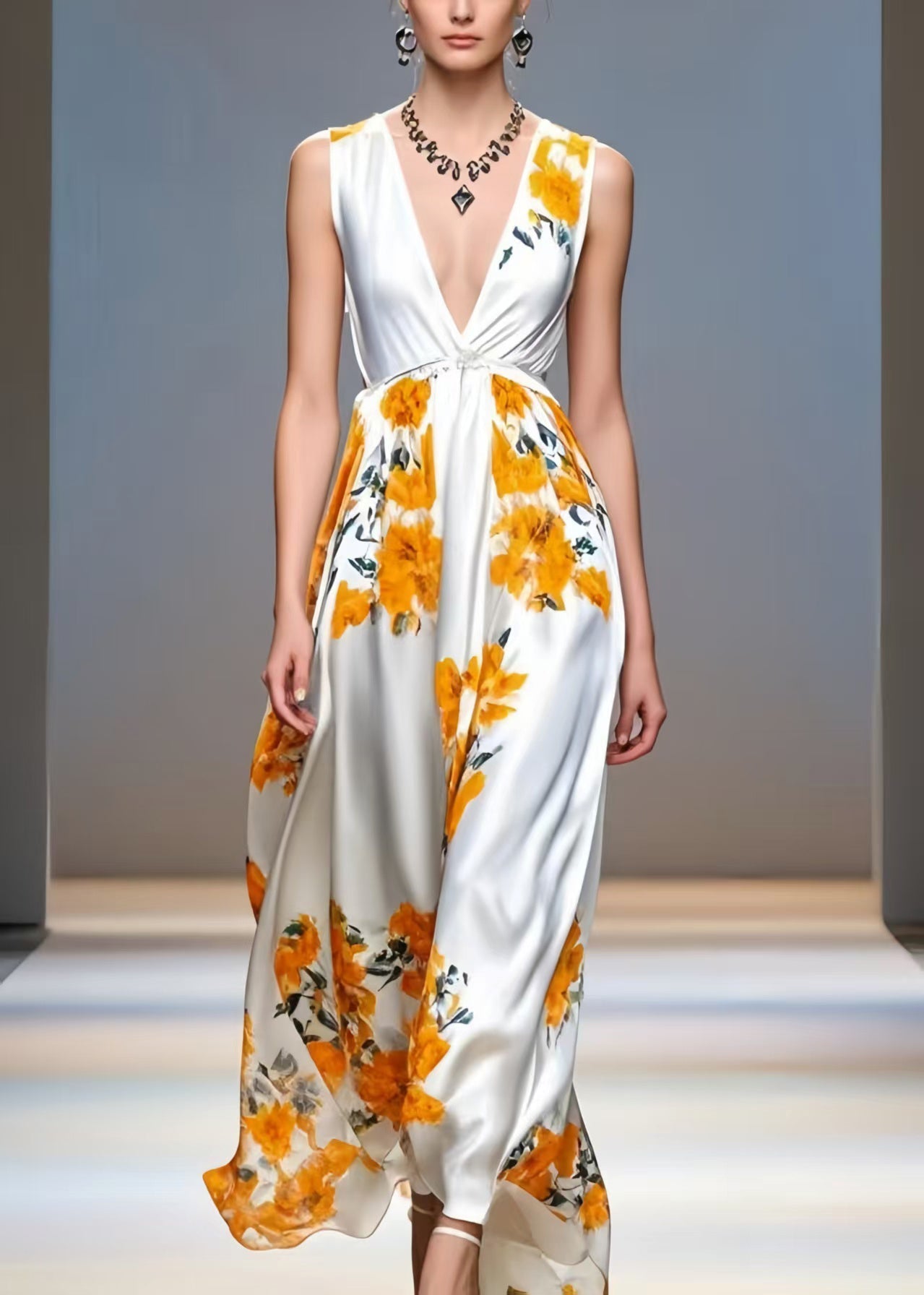 Orange Print Draping Silk Sundresses Deep-V Neck Sleeveless