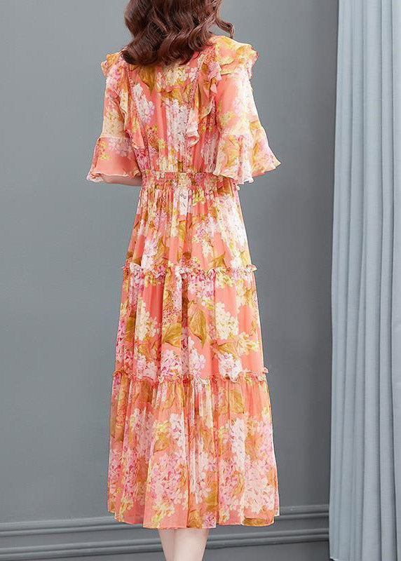 Orange V Neck Print Ruffled Wrinkled Silk Party Long Dress Flare Sleeve