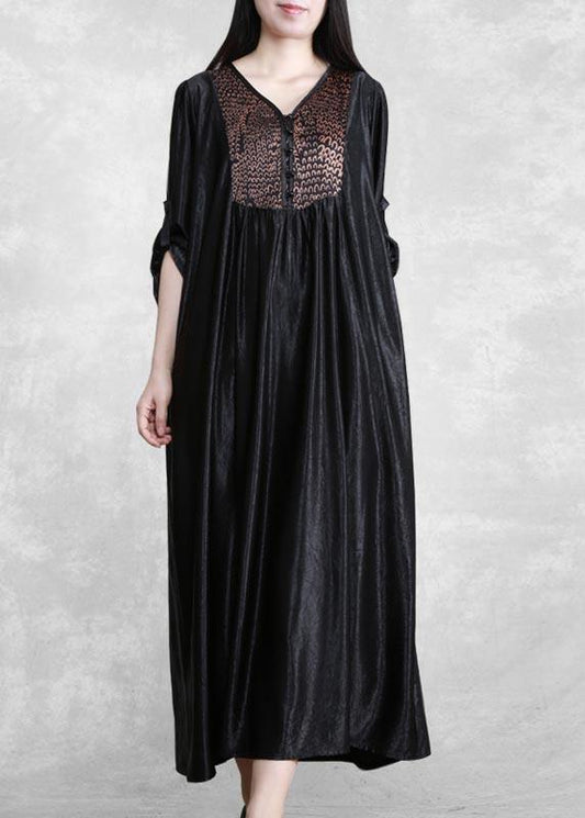 Organic Black Quilting Clothes V Neck Patchwork Robes Spring Dress - SooLinen