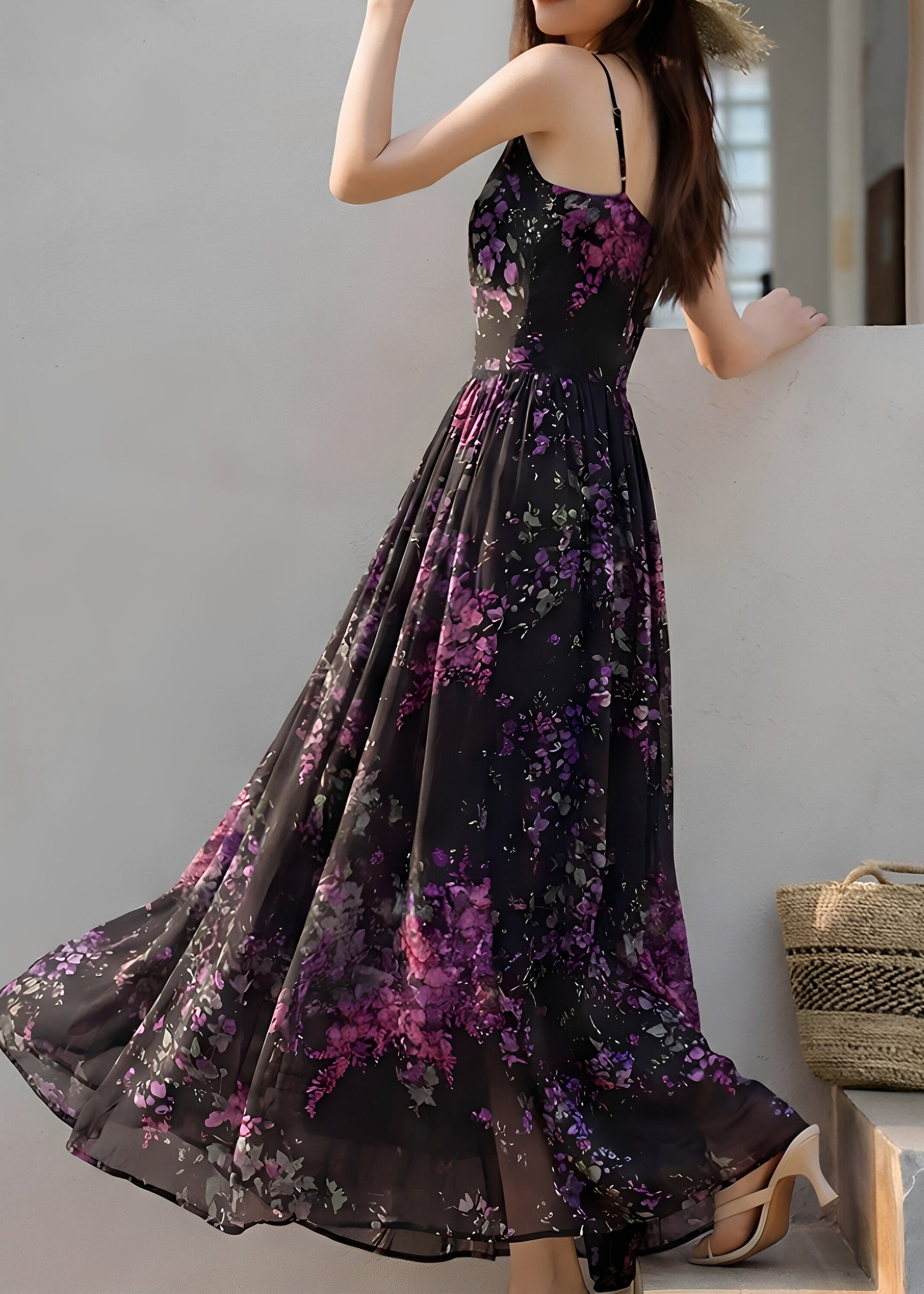 Organic Black Wrinkled Chiffon Long Spaghetti Strap Dress Sleeveless