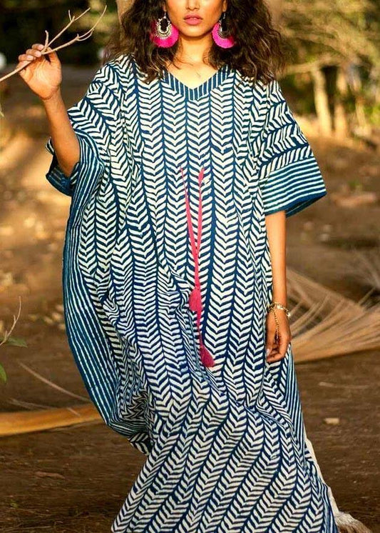 Organic Blue Floral V Neck kimono robe Cotton Dress - SooLinen