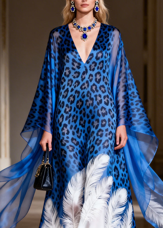 Organic Blue Leopard V Neck Feather Print Silk Dress Summer